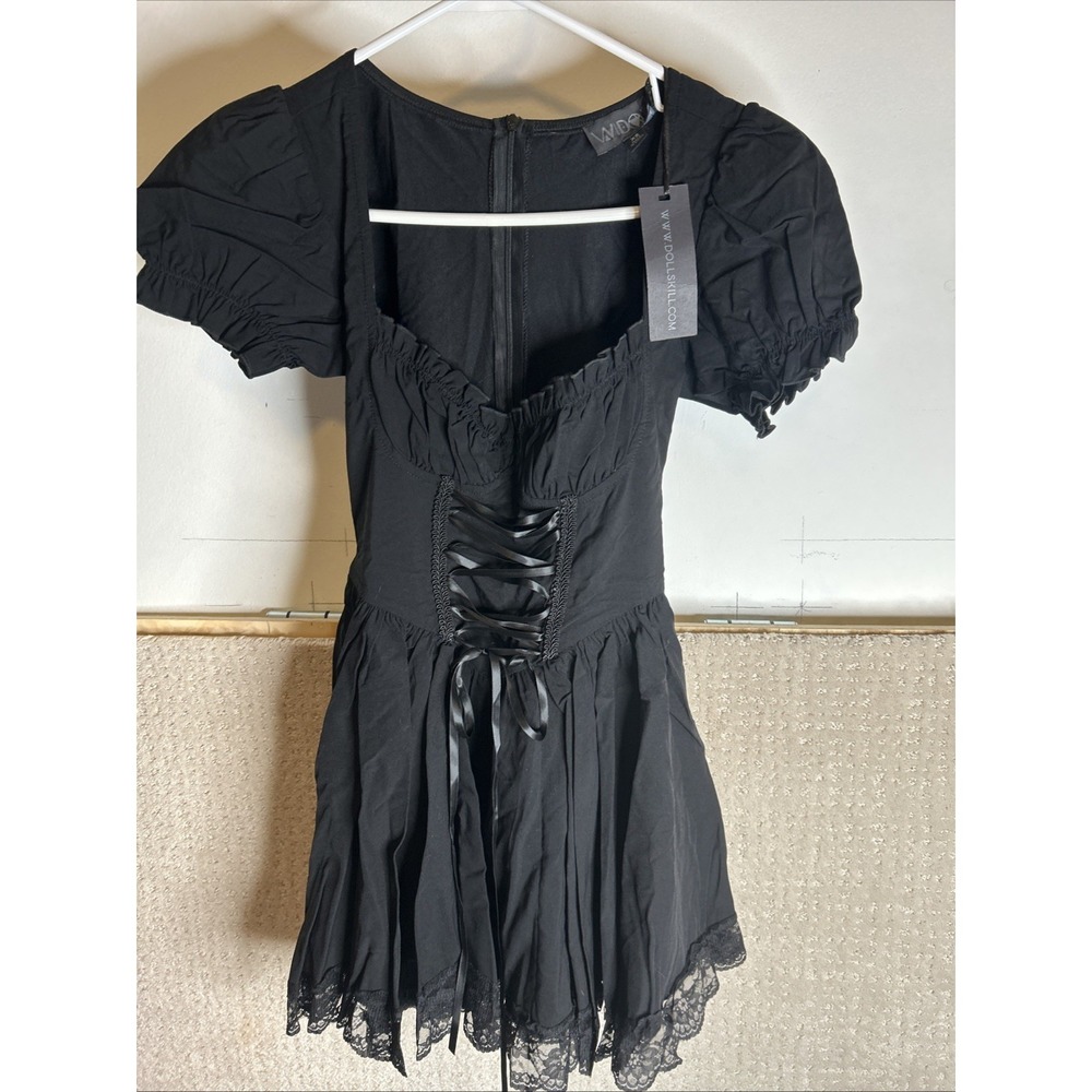 DOLLS KILL WIDOW Sz XS Mini Dress Black Short Puff Sleeve Lace Hem Corset Front